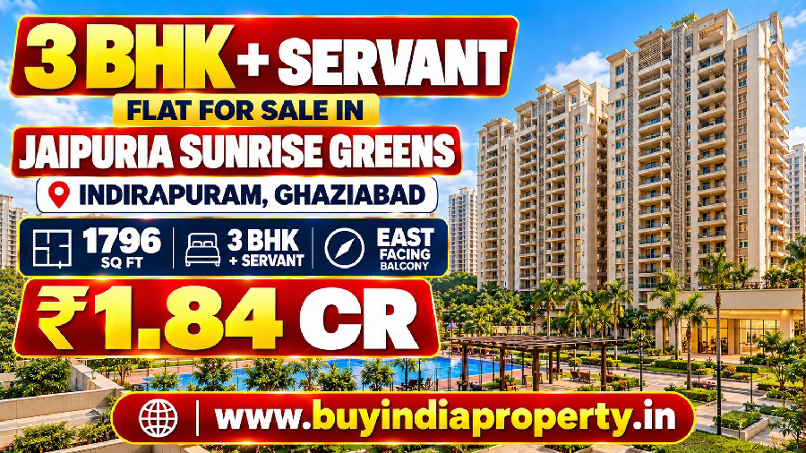 3 BHK + Servant Flat for Sale in Jaipuria Sunrise Greens, Indirapuram | 1796 Sq Ft | East-Facing Balcony
